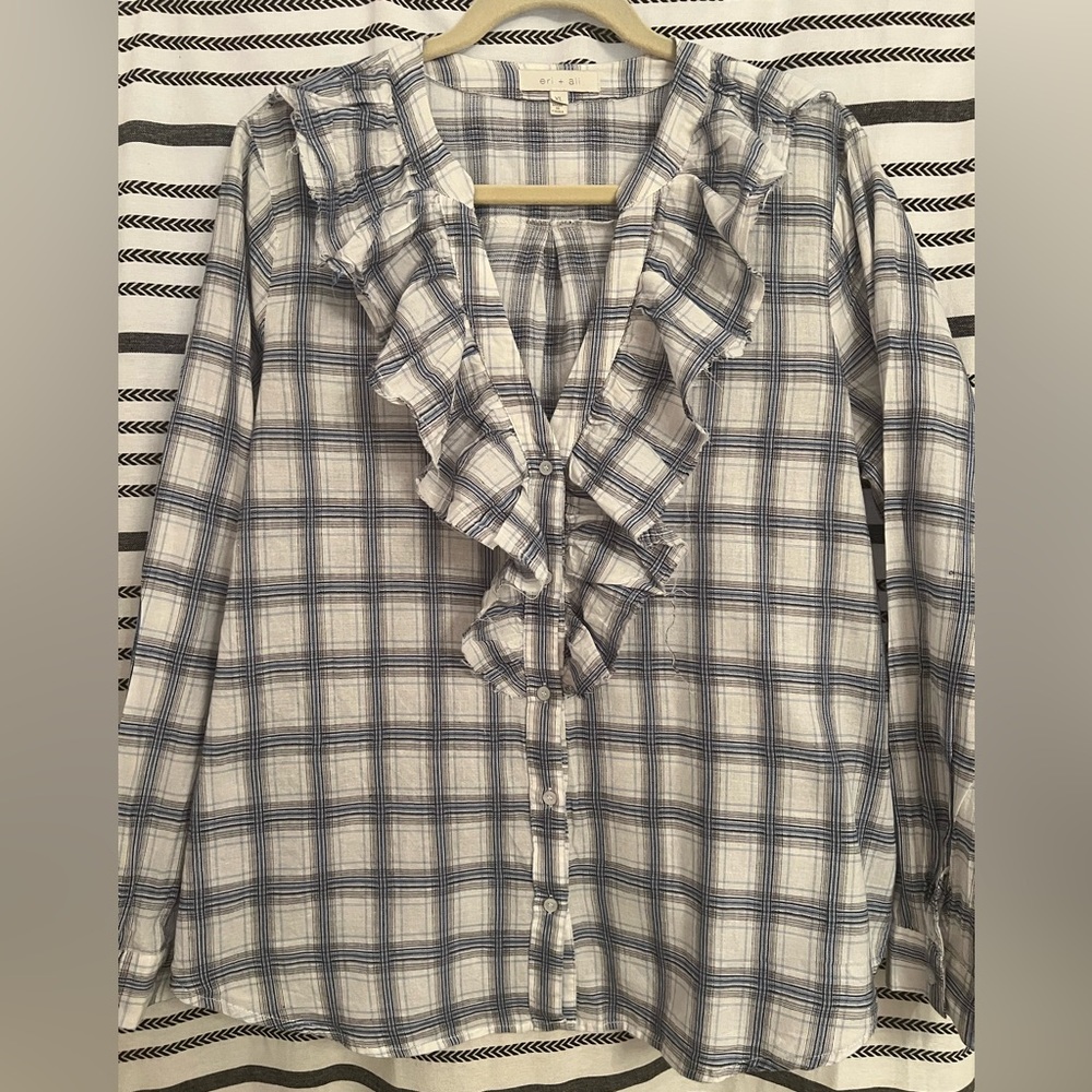 Blue Plaid Ruffle Blouse